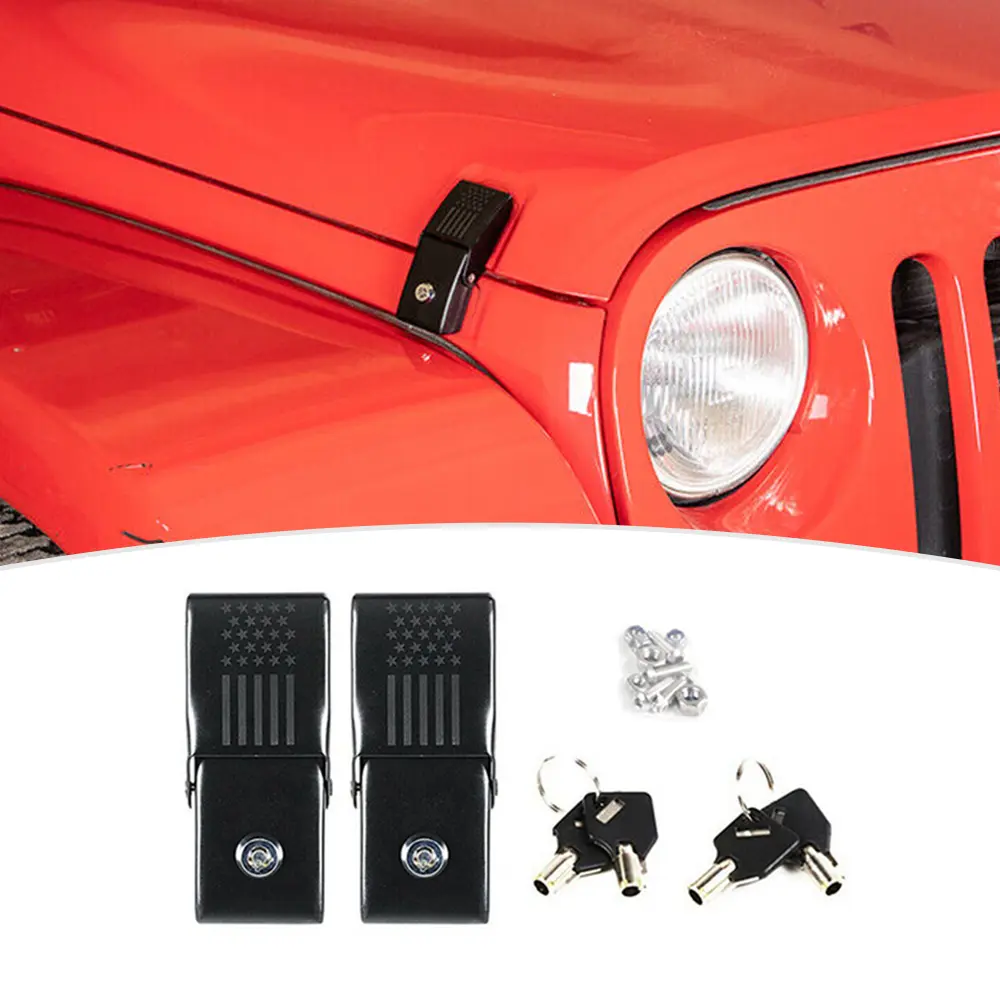 Aluminum Alloy Locking Hood Latches Catch Kit - Adjustable, Durable Vehicle Replacement Fasteners with Double Adhesive, DIY Stick-On Heat-Resist Alloy Off-Road Clips for 2007-2017 Jeep Wrangler JK/JL & Gladiator JT (Hood Stays Quiet)
