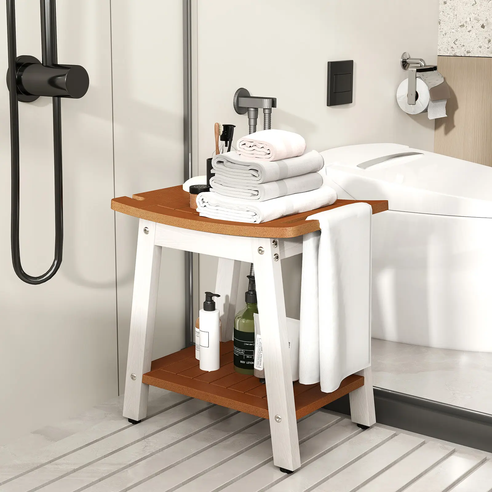COSTWAY - HIPS Shower Bench Seat with Handle Shower Head-Brown & White