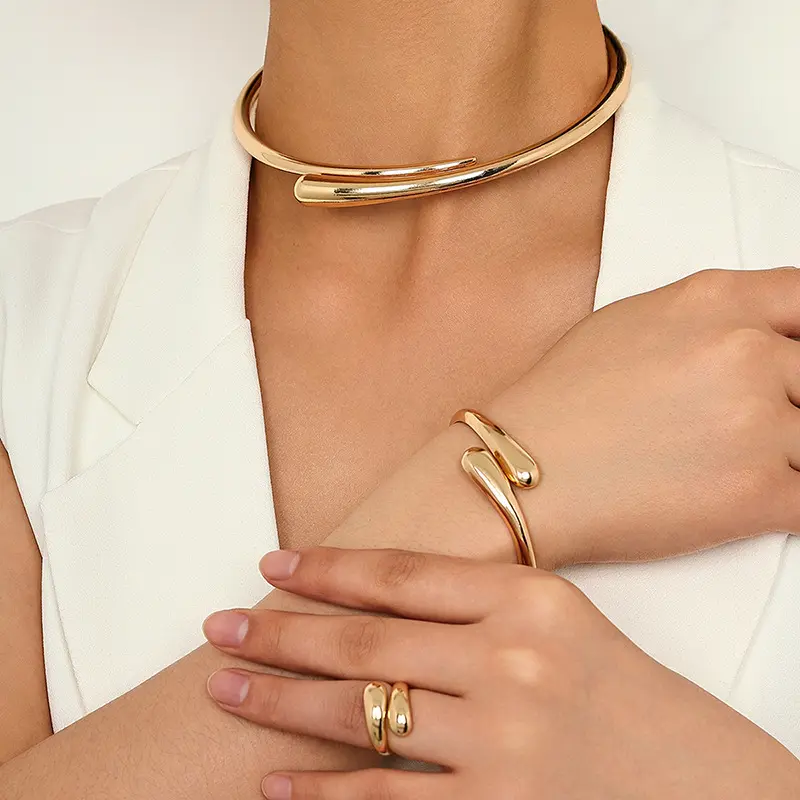 Women's 3-Piece Trendy Geometric Hoop Costume Jewelry Set - Heavy Alloy, Shiny Hoop Necklace, Bracelet, Ring for Casual Everyday Wear, Trendy Jewelry Set