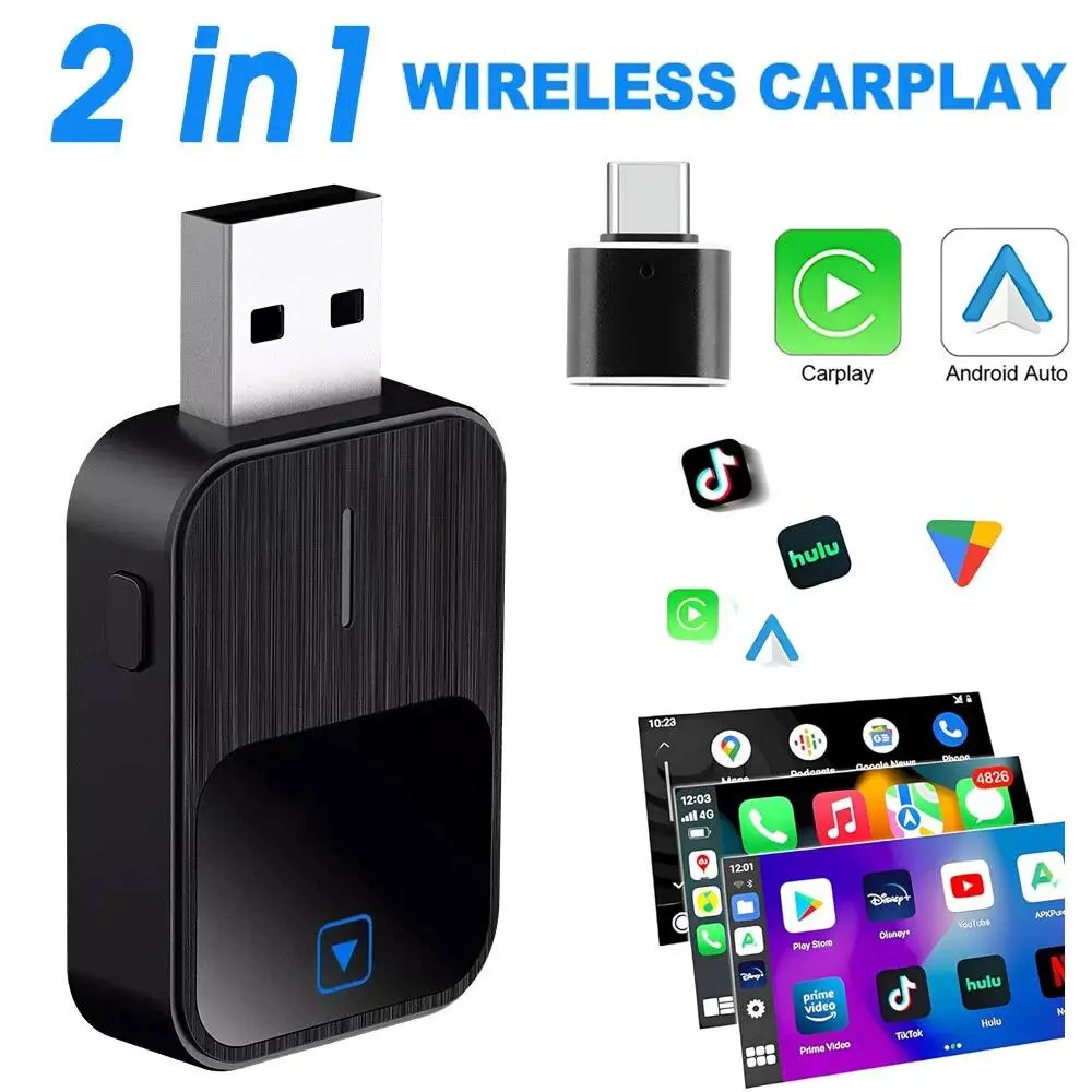 2-in-1 Wireless CarPlay & Android Auto Adapter, ABS & Aluminum Alloy Dual-Port Dongle with Bluetooth 5.2, Plug & Play Auto-Connect for Sports & Outdoor Daily Commutes