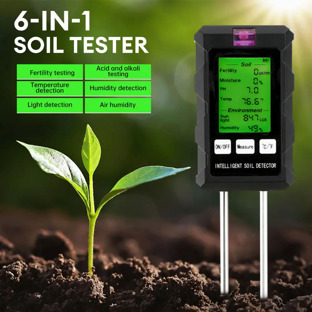 6-in-1 Digital Soil Tester with Manual - Moisture, pH, Fertility, Temperature, Sunlight & Air Humidity Tool for DIY Gardeners, Soil Analysis, Education Device (Battery Not Included)