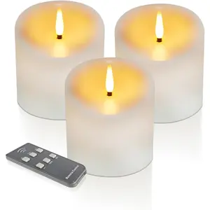 Outdoor  Flameless Candles with Timer, Remote Control  Operated Candles Flickering Last 600 Hours, 3"x3" Realistic Electric  LED Candles,  Plastic, Set of 3