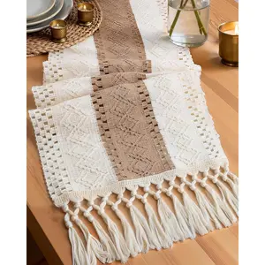 Farmhouse Boho Table Runner - 72 Inches, Linen-Textured Woven Tassel Design for Dining Table Decor, Kitchen, Coffee Table & Living Room, 12 x 72 Inch, Brown
