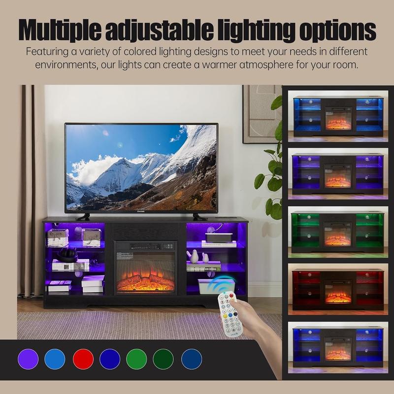 TV Stand Electric Fireplace TV Stand with Glass Shelves, 3D Fireplace TV Stand with LED Lights Wood with USB Charging Outlet Modern Television Table Center for TV up to 32-62" (White)