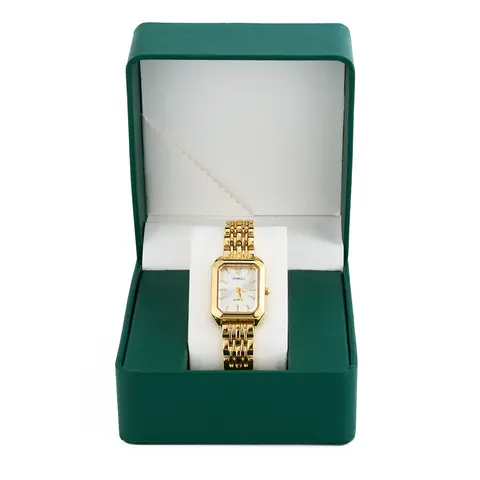 Women's Analog Watch - 32mm Simple Square Dial, Plated Metal Band with Clasp, Adjustable Strap, Quartz Movement, Fashionable Wristwatch with Gold Accents & Gift Box