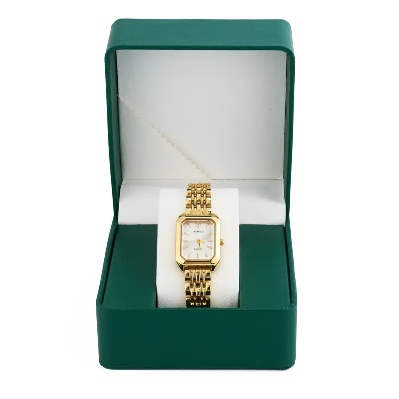 Women's Analog Watch - 32mm Simple Square Dial, Plated Metal Band with Clasp, Adjustable Strap, Quartz Movement, Fashionable Wristwatch with Gold Accents & Gift Box
