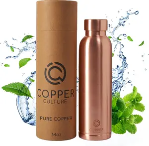100% Pure Copper Water Bottle for Drinking Water – 34 oz (1000ml) Polished Finish with Leak-Proof Lid | Copper Vessel for Yoga, Gym, Office, Home & Travel