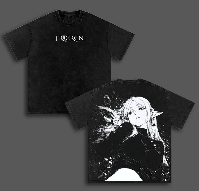 Frieren Anime Men's Seamless 230gsm Cotton Heavyweight T-Shirt - Classic Double-Printed Pre-Washed Soft Premium Crew Neck Short-Sleeve Oversized Relaxed Cut Apparel with Shoulder Tape, Affordable Built Tough Streetwear Top, Free Expedited Shipping
