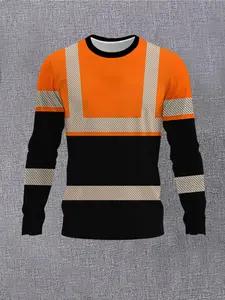 Men's Fluorescent Patchwork Long Sleeve Top, Wave Stripe Print, Casual Loose-Fit, All Seasons Clothing