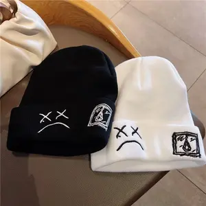 Men's Winter Knitted Skullcap with Embroidery Oversized Trendy Beanie for Big Heads Fashionable Couple Hat Warm Knitted Material Unique Embroidered Design Comfortable Fit