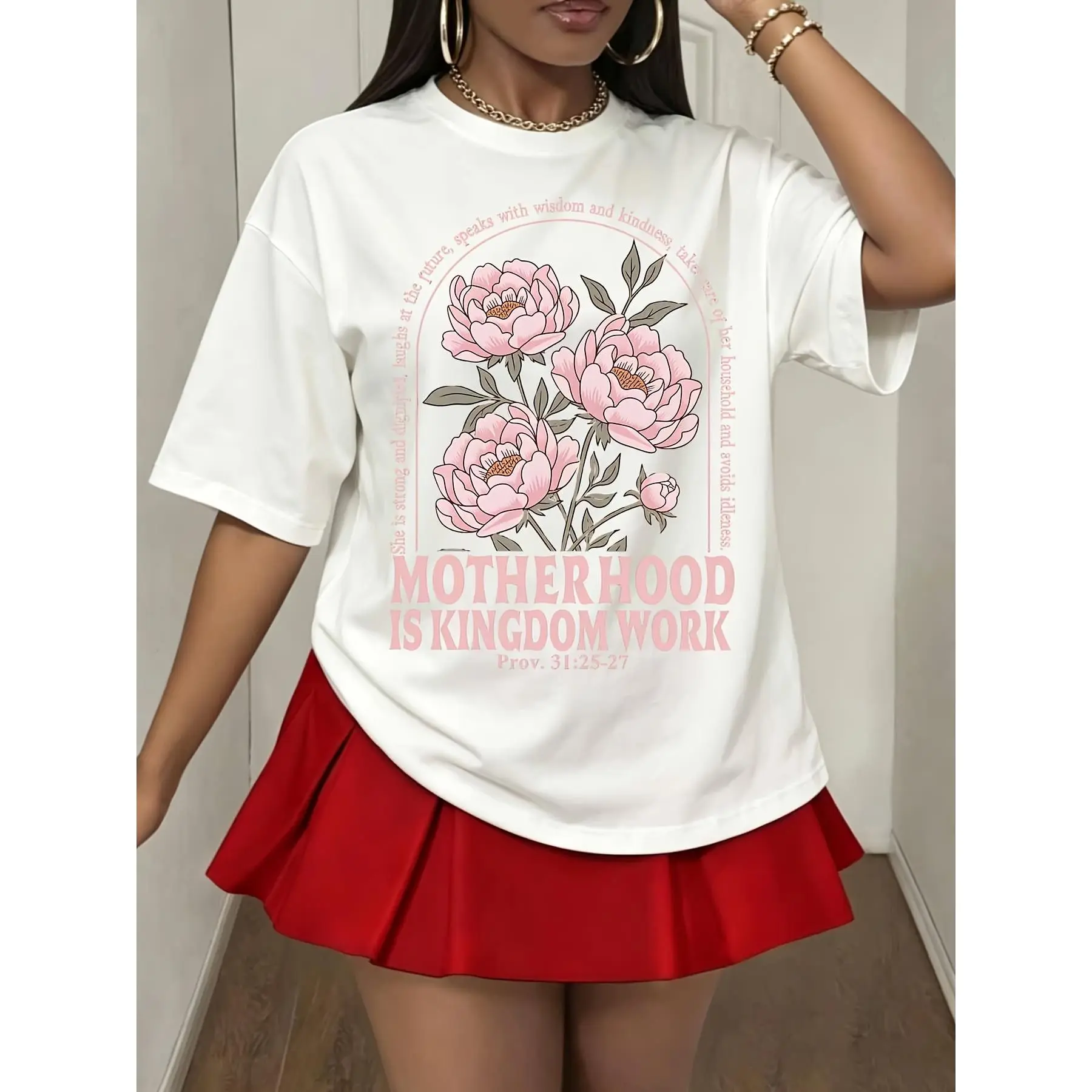 Women's Flat Oversized Round Neck Breathable Essential Fabric Christian T-Shirt - Floral Peony Print, Proverbs 31 Bible Verse, "Motherhood Is Kingdom Work" Message, Faith Gift for Mom, Church Worship & Casual Wear Tops