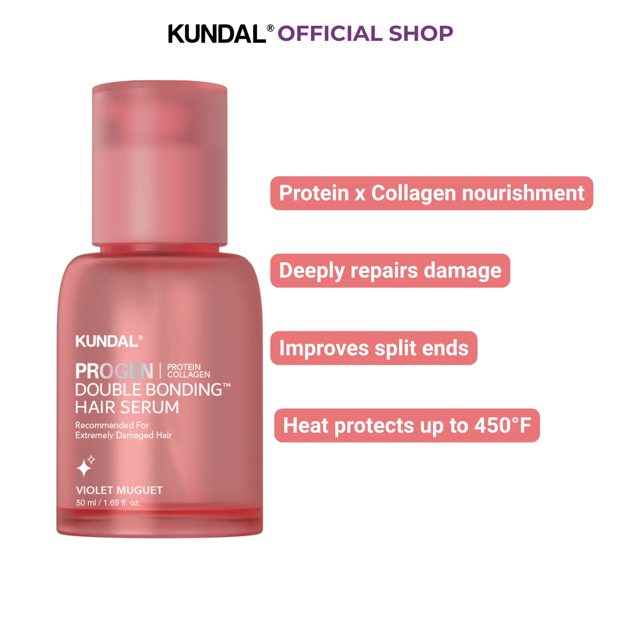 [KUNDAL] Korean Hair Repair Serum – Split End & Damage Treatment, Heat Protectant 450°F, Bonding Care for Bleached, Dry, Frizzy Hair, Leave-In Serum 1.69 fl oz