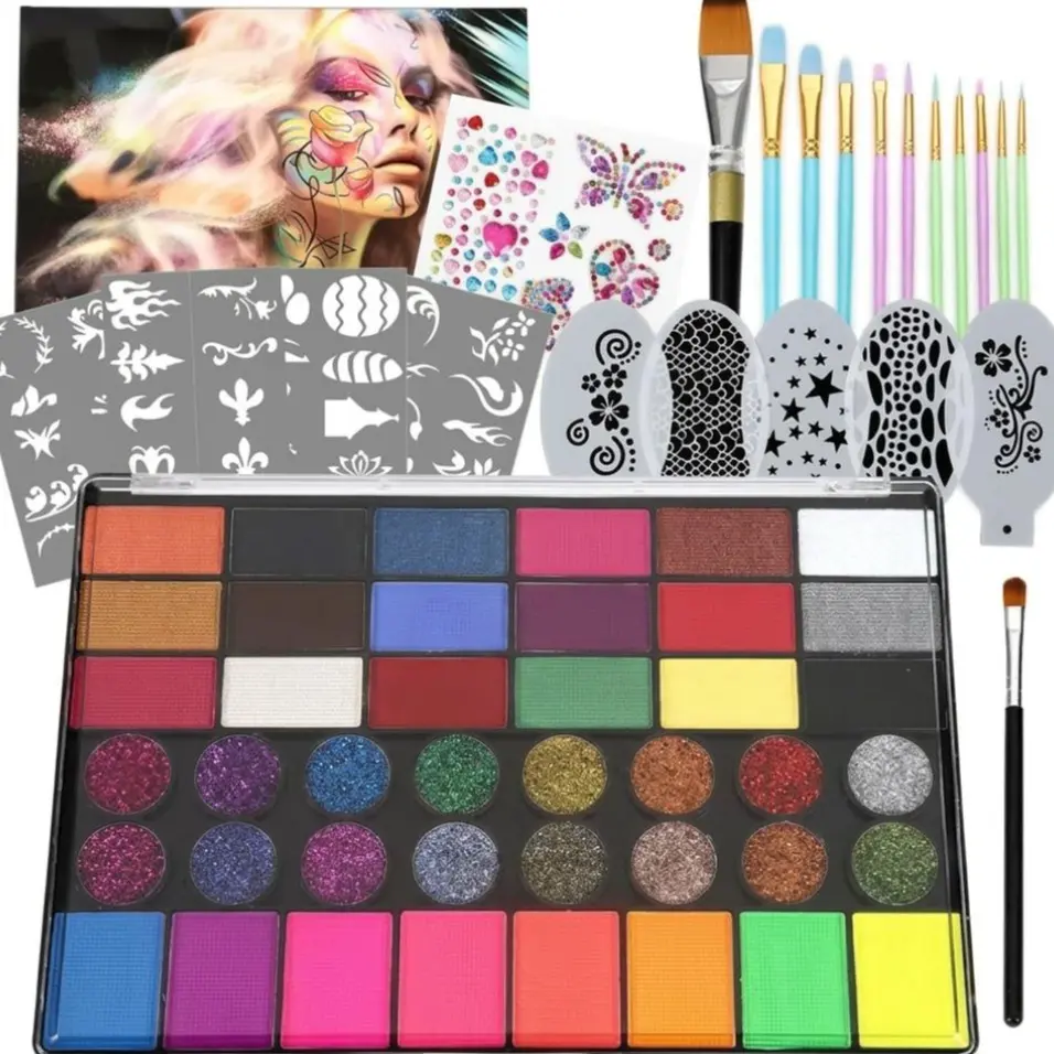 42 Colors Professional Face Body Paint Palette Non-Toxic Safe Gentle Ingredients Water Based Face Painting Kit with Large White Black & Neon Glow UV Facepaint SFX Face Paint Kit Cosmetic Quality for Halloween Party Costume Cosplay Stage Kids Makeup Blend