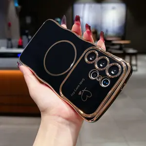 Cute Wavy Edge Magnet Phone Case Cover for Samsung Galaxy S24 Ultra, Luxury Heart Design, Shockproof Camera Protection for Women and Girls, Deep Stylish Accessory