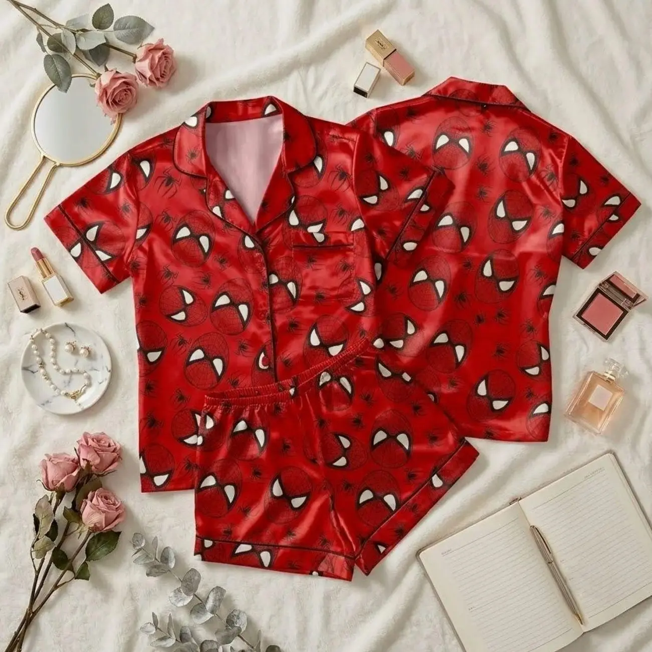 Web Hero Comic Pajama Set, Comic Book Inspired Button Sleepwear, Red Blue Lounge Set, Fun Gift for Adults
