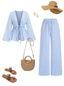 Women's Striped Casual Set, Long Sleeve Stripe Open Front Fit Shirt + Elastic Waist Straight Leg Pants, Daily Commute Travel Party, Womenswear