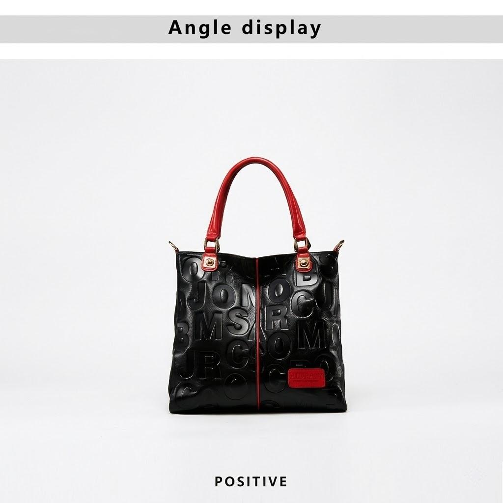 Women's Glossy Faux Leather  city   Tote Bag with Red Handles and Striking Embossed Letter Pattern