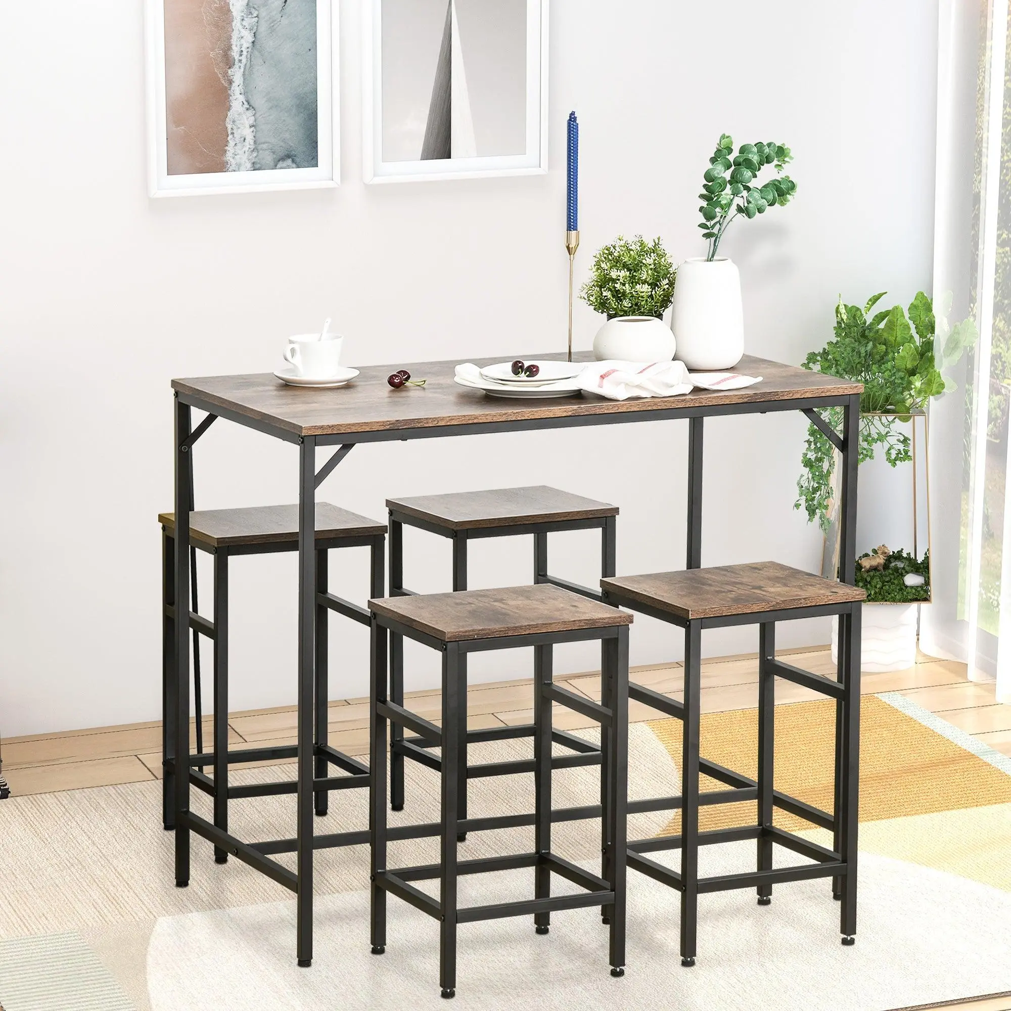 Industrial 5-Piece Indoor Dining Room Furniture Set - Rustic Brown/Black Wood & Particleboard Bar Table with 4 Stools (220lbs Stool Capacity, 12.5" W X 12.5" D X 22.5" H), Easy Setup, 4 Seats for Kitchen & Pub Use