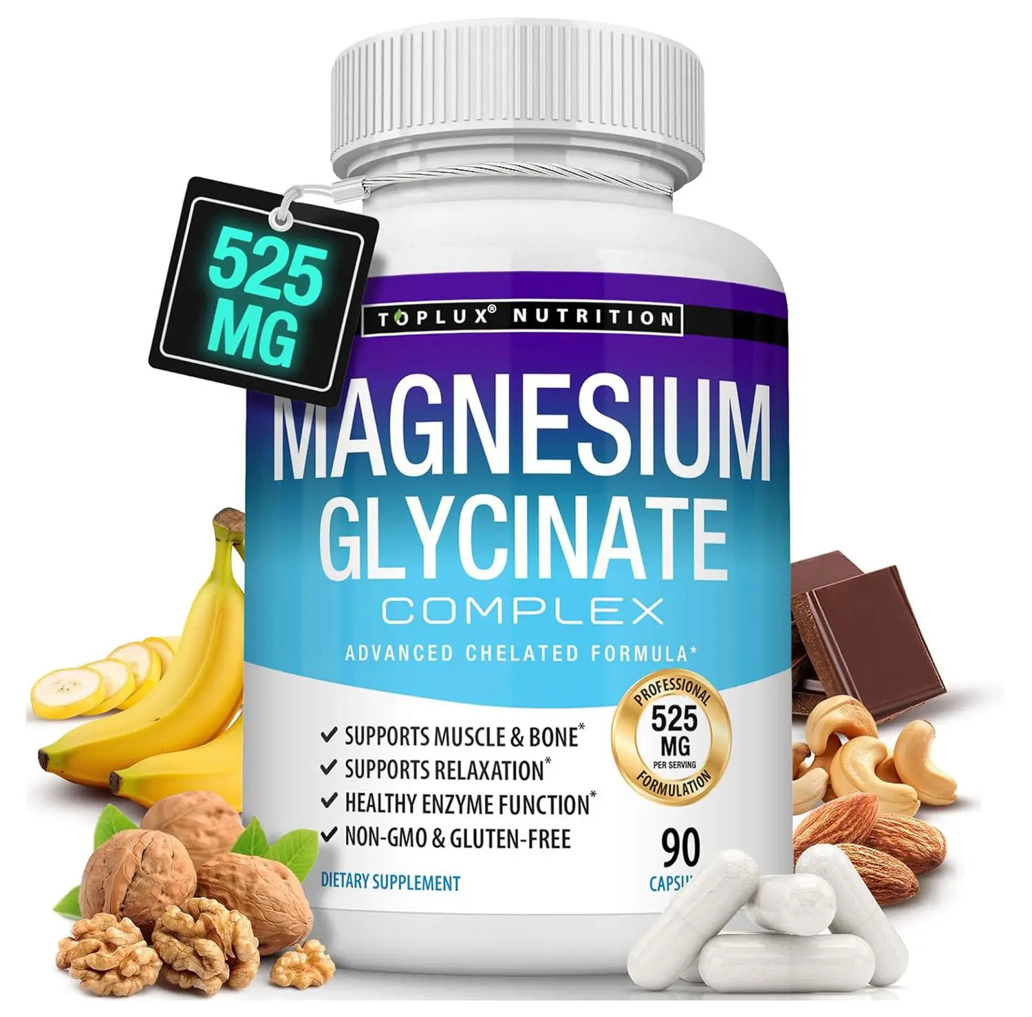 Magnesium Glycinate 525mg - High Absorption Chelated Magnesium Supplement Made with Pure Magnesium Glycinate - Supports Muscles, Sleep, Cramps, Recovery Bisglycinate Complex Vegan Non-GMO 90 Capsules