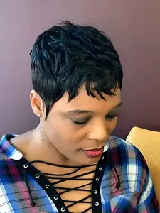 Pixie Cut Human Hair Wig, 150% Density Straight Bob with Layered Bangs, Rose Net Cap for Secure Fit, Natural Look Hairpiece