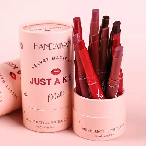 HANDAIYAN 8Pcs Gift-Ready Lip Kit - "Just A Kiss" Velvet Matte Lipsticks with Slim Tubes, Mini Cylindrical Lip Gloss, Alcohol-Free, Ammonia-Free, Degradable, Contains Neither Harmful Additives, For All Skin Types, Youth-Focused Beauty Mini Gift Set
