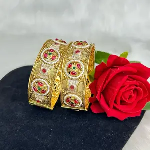 Beautiful Rajwadi Gold Bangles Set with Red Gemstone Accents Elegant Design Jewelry Piece