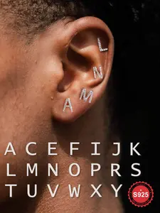 925 Sterling Silver A-Z Alphabet Design Stud Earrings, Fashionable Jewelry for Men, Trendy All-match & Exquisite Jewelry for Birthday Gift