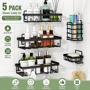 Modern Minimalist 5-Piece Stainless Steel Shower Organizer Set - Self-Adhesive, No-Drilling, Waterproof, Rust-Resistant Hollow Round Bathroom Accessories (Toothbrush Holder, Shampoo Body Wash Soap Basket, Decor Caddy) in Pink, Black
