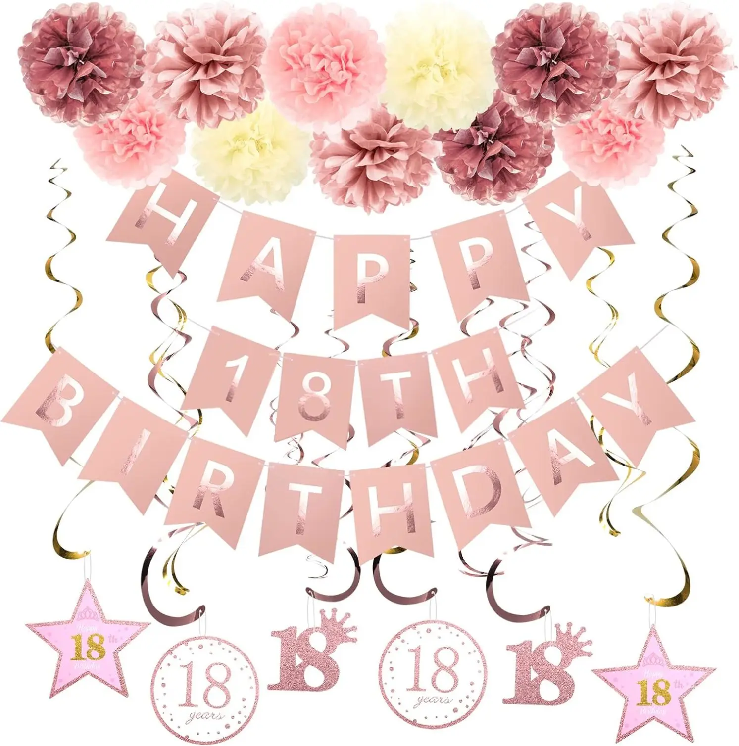 Rose Gold 18th Birthday Party Decorations, Rose gold Glittery Happy 18th Birthday Banner,Poms,Sparkling Hanging Swirls Kit for 18th Birthday Party Supplies