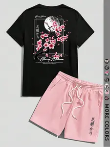 Two-Piece Set Men's Cherry Blossom Tree Print Short Sleeve Crop Tee & Shorts, Regular Fit Menswear Casual Fashion Cozy Breathable Outfits for Summer, Men's Clothes for Daily Wear, Fitted