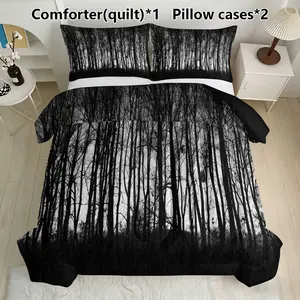& Forest Silhouette Bedding Set, 1 Comforter + 2 Pillowcases, Nature Woodland Decor, Synthetic Fiber, Home Bedroom Essentials
