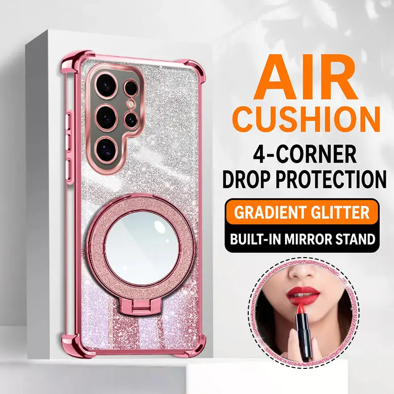 Glitter Case With Makeup Mirror Stand For iPhone Samsung Galaxy 17Pro Max Air 16 15Plus 14 13 12 11 XR XS S25 S24 S23 S22 Luxury Bling Gradient Shockproof Protective Cover Cute Women Clear Heavy Duty Armor Shield.NN173
