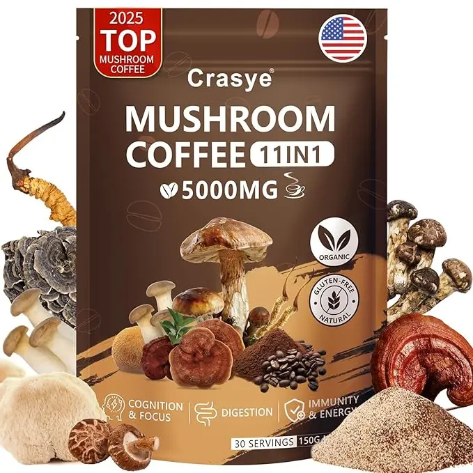 CRASYE Organic Low Caffeine Mushroom Instant Coffee - 11 Superfood Natural Beverage with Ashwagandha, Shilajit, Medicinal Mushrooms, Collagen - 30 Servings for Focus, Energy, Immunity & Digestion