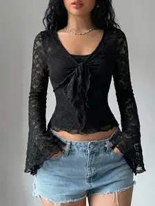 Women's Spring & Autumn Daily Vintage French Sexy Baddie Lace Twist Ruffle Sheer V-Neck Bell Sleeve Top Home Outdoor City Slim Trend Casual Elegant Youth Simple Versatile Texture Temperament Natural Literary Art