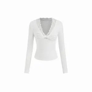Cider Jersey V-neck Lace Trim Twist Long Sleeve Top Dealsforyou