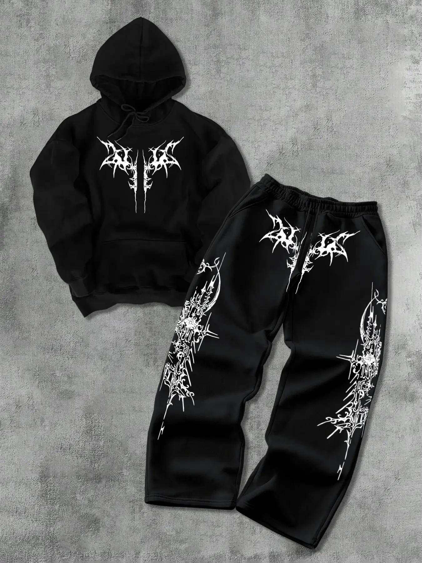 Men's High Street Oversized Graphic Knit Hoodie Set, Long Sleeve Drop Shoulder Sweatshirt + Straight Leg Pants, Fall Winter Streetwear Essentials, Hooded Sweatshirt Set