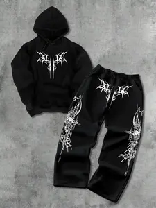 Men's High Street Oversized Hoodie Set, Long Sleeve Drop Shoulder Sweatshirt + Straight Leg Pants, Fall Winter Streetwear Essentials