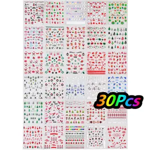 30Pcs Christmas Embossed Glitter 5D Nail Stickers 6*5cm Elk Snowflake Bear SnowMan Xmas Decals  Winter Manicure Glitter Stickers