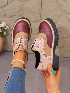 Women's Oxford Shoes, New College Style Floral Patch Thick Sole, Laces, Brogue Embossed, Glossy, Daily Wear, Campus, Commute, Retro, Date Night, Office Commuting Shoes
