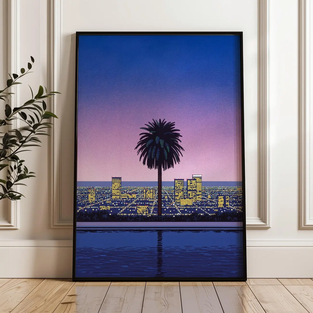 Cityscape With Palm Tree, Hiroshi Nagai Wall Art Print, Japanese City Pop Poster
