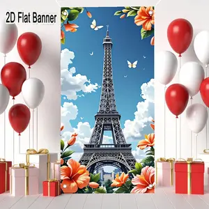 2D flat banner, 1pcEiffel Tower Cartoon Hibiscus Butterfly Backdrop, Paris Whimsical Sky Photography Background for Birthday Party Decorationsgalentines party decor, valentine day decor, decorations for valentines day
