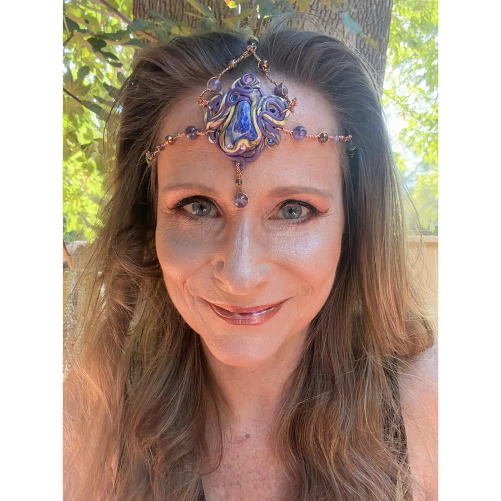 Lapis Lazuli High Priestess Crown - Handcrafted with Amethyst & Copper for Intuition & Spiritual Awakening - Adjustable Sacred Triangle Design - Unique Crystal Healing Jewelry