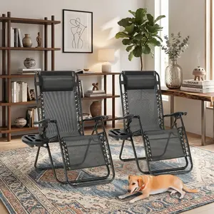 2PC Folding Zero Gravity Chaise Lounge Chairs, Outdoor Sun Tanning Reclining Chairs with Pillow & Cup Holder, Steel Frame & Breathable Mesh, Perfect for Beach, Yard, Patio, Poolside