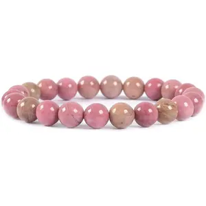 Angelstones Natural Pink Rhodonite Gemstone 8mm Round Beads Stretch Bracelet 7 Inch Unisex