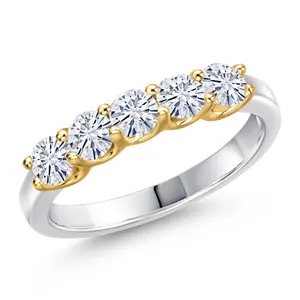 Gem Stone King 925 Silver and 10K Yellow Gold White Moissanite 5-Stone Wedding Engagement Ring For Women | 0.80 Cttw | Round 3.5MM | Gemstone Birthstone