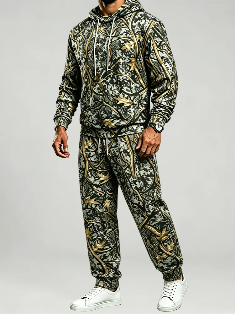 Men’s camouflage print hooded sweatshirt and drawstring athletic pants set; autumn/winter casual sports long-sleeve hoodie and pants; indoor/outdoor sportswear; track & field apparel; summer sports casual wear