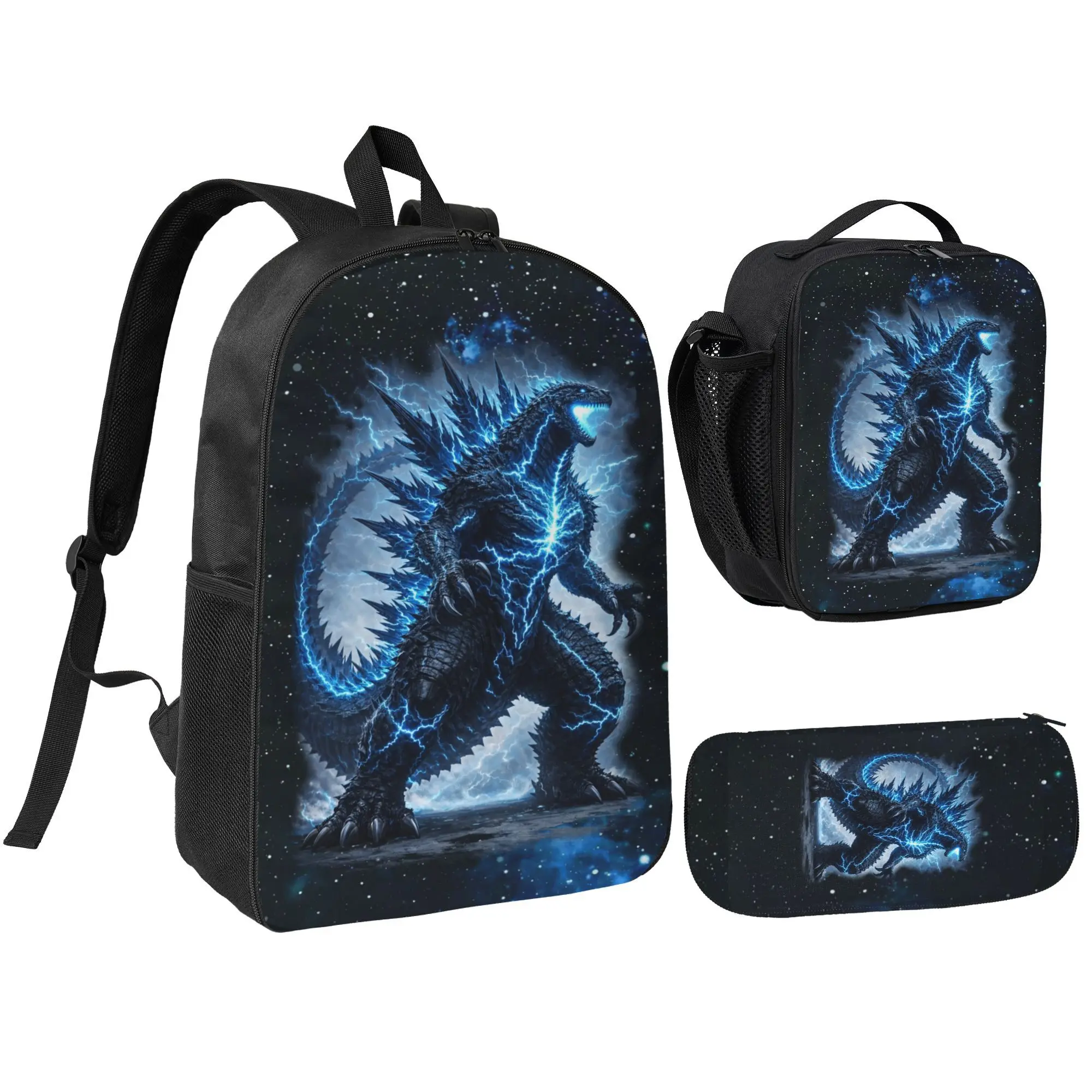 Godzilla Anime 3-Piece Kids' Backpack Set - Includes Lunchbox, Pencil Case, Durable, Stylish School Supplies for Kids