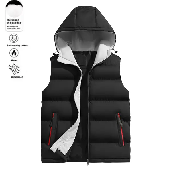 Men's Thick Padded Knit Vest, Fleece-Lined Sleeveless Outdoor Jacket with Full-Zip Closure, Hood, and Stand Collar