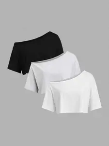 New fashionable Basic Minimalist women's sloping shoulder asymmetrical collar short tops short-sleeved Fitted T-shirt three-piece set Womenswear
