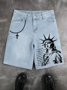 Men's Vintage Statue of Liberty Print Denim Shorts, Cross Chain Graphic Y2K Streetwear, Loose Fit Casual Summer Pants
